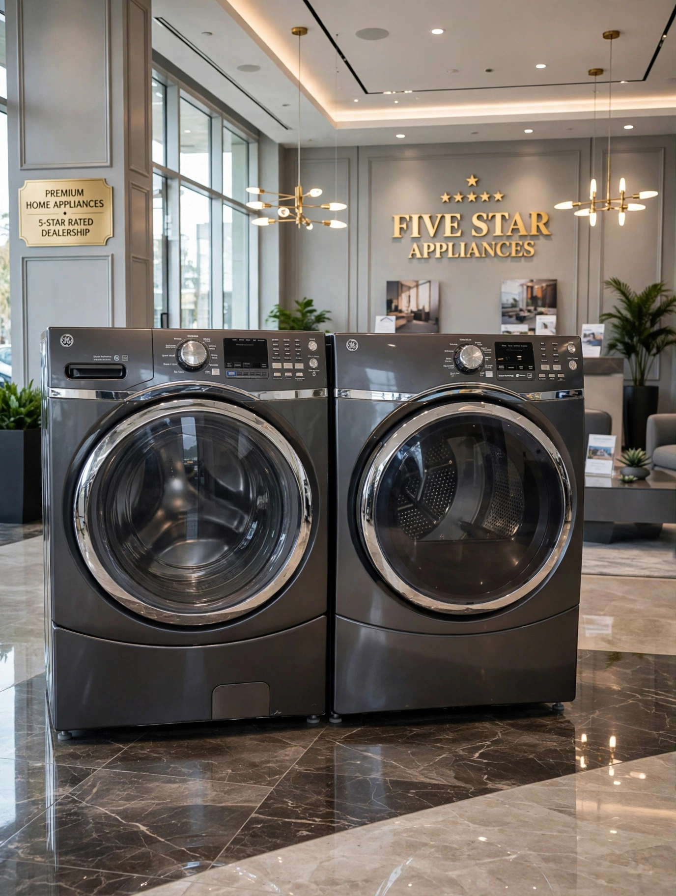 GE front-load washer and dryer set in graphite on the Five Star Appliance Group showroom floor