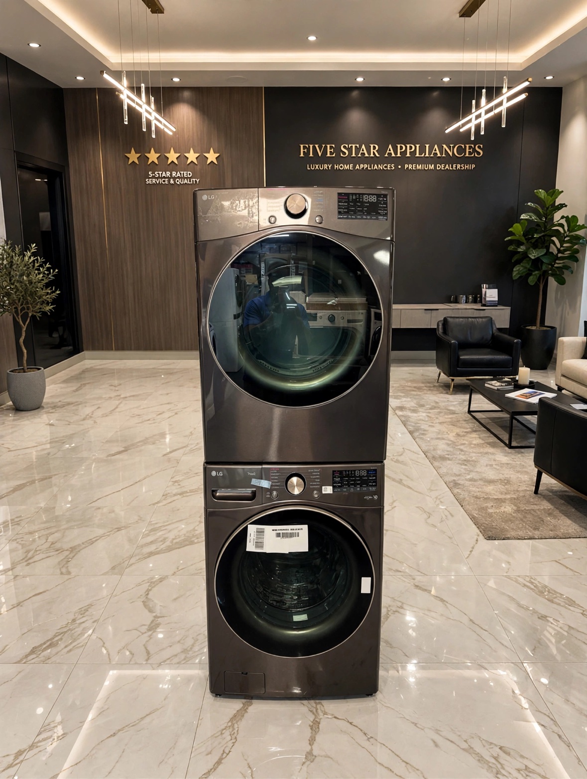 LG ThinQ graphite stainless front-load washer and dryer stacked in a staged showroom