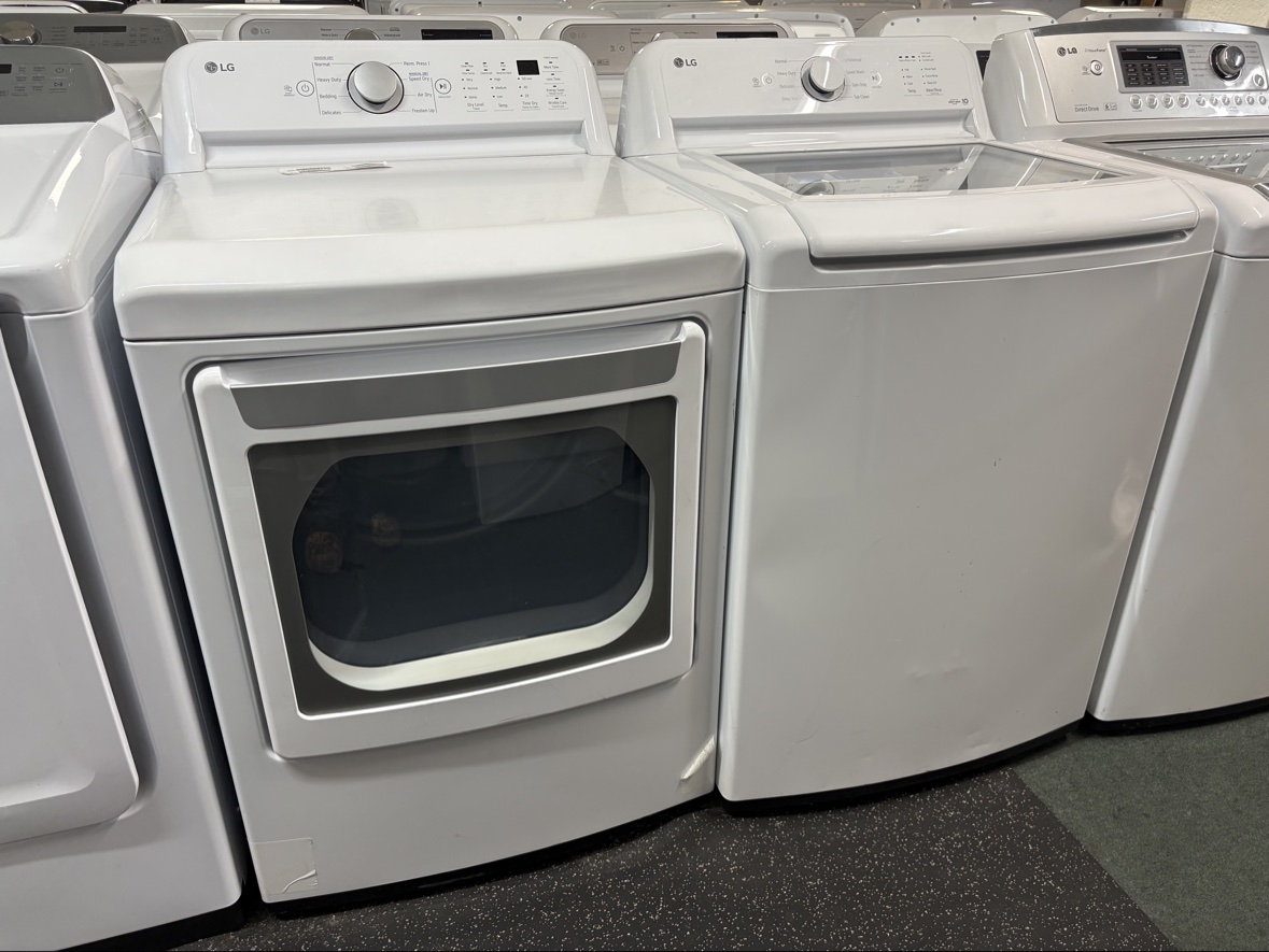 White LG ThinQ top-load washer and dryer set, like new