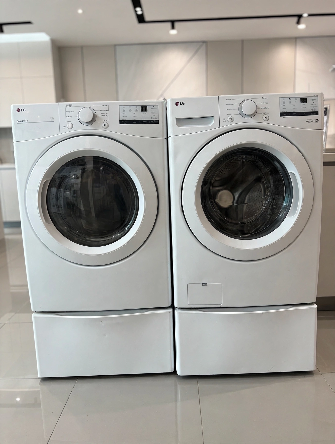 White LG front-load washer and dryer set with matching pedestal drawers on a clean showroom floor