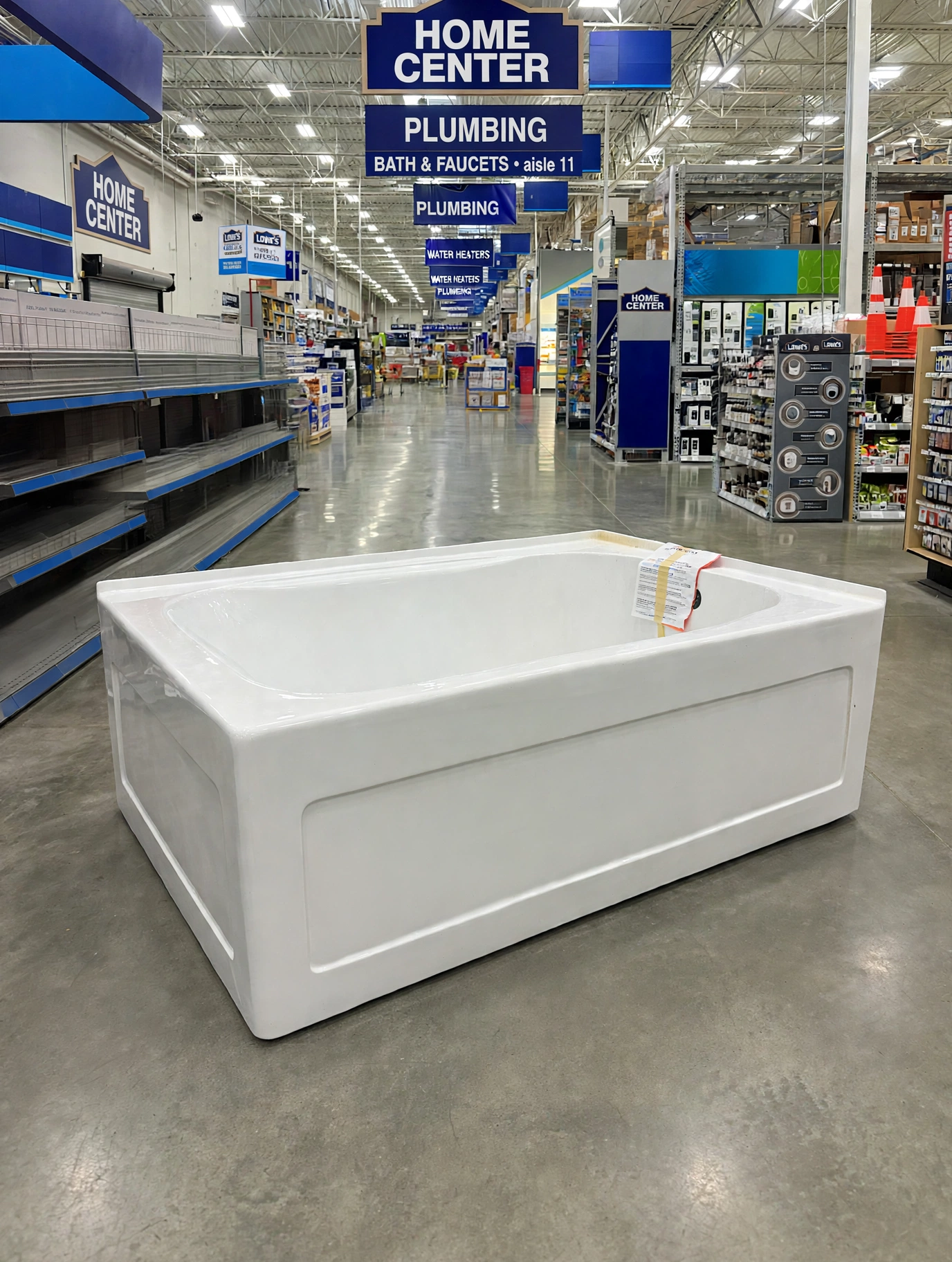 White PROFLO Hillsboro 60-inch by 42-inch right-drain alcove soaker bathtub displayed in a Lowe's store aisle