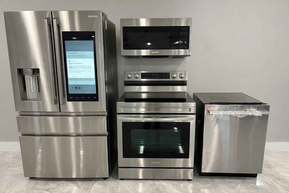 Samsung Bespoke stainless steel refrigerator, glass-top range, built-in microwave and dishwasher together