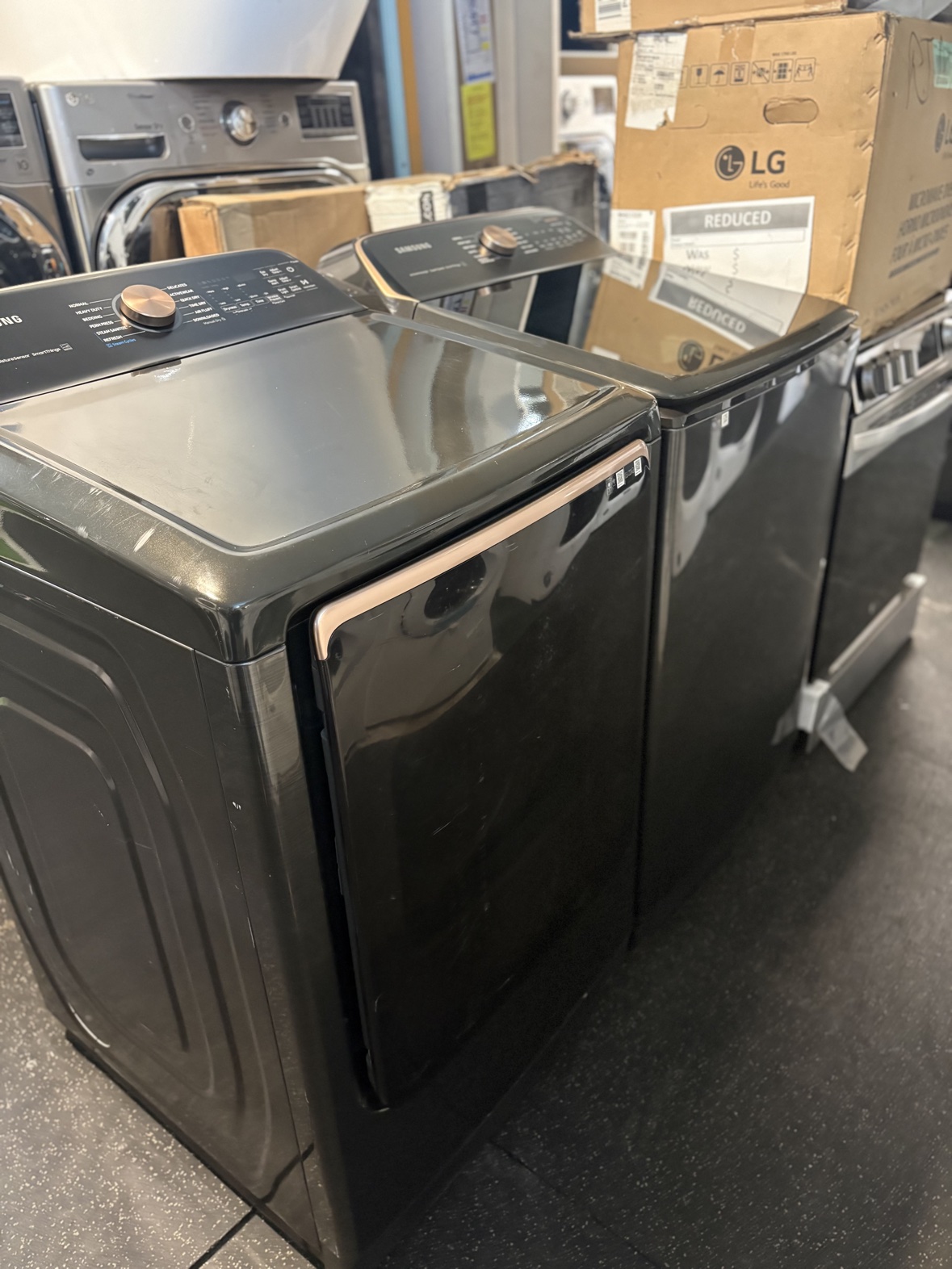 Samsung black stainless dryer, front view