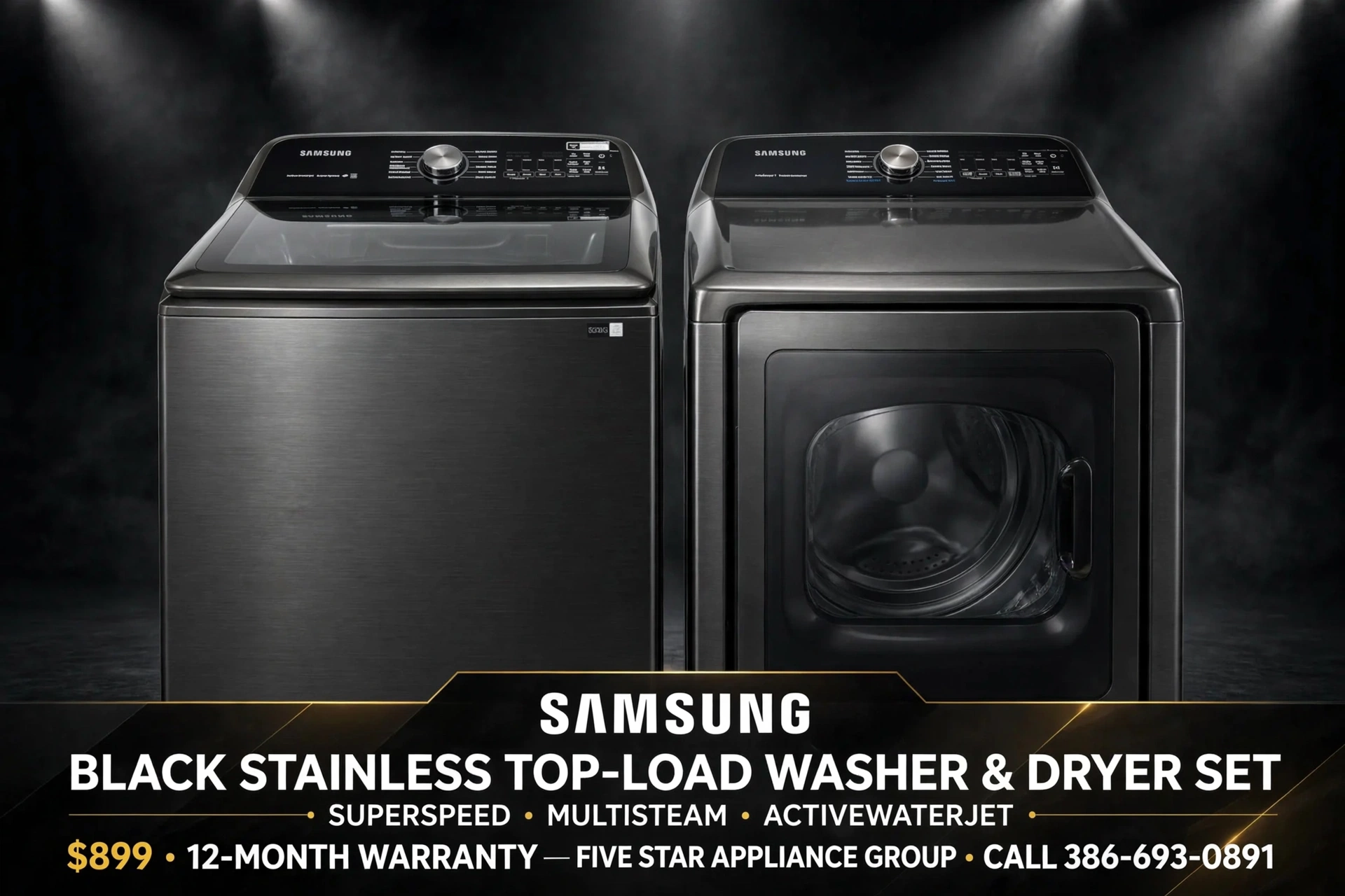 Samsung black stainless washer and dryer set flyer
