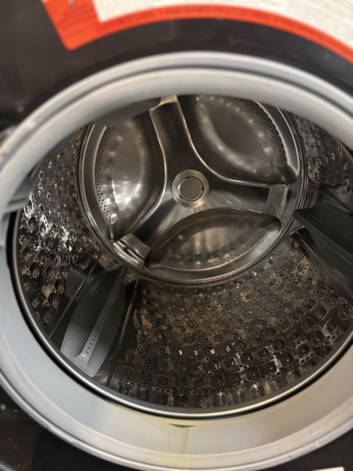 Inside the stainless steel Samsung washer drum