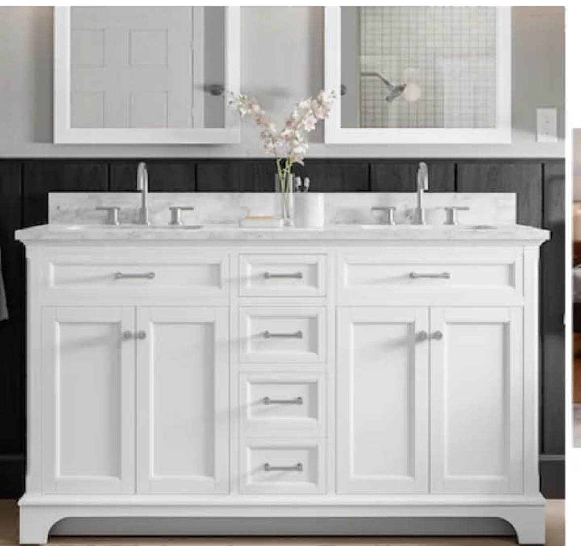 allen + roth Pittman 60 inch double sink bathroom vanity with marble-look top, shown in white — the boxed unit is Muse Gray