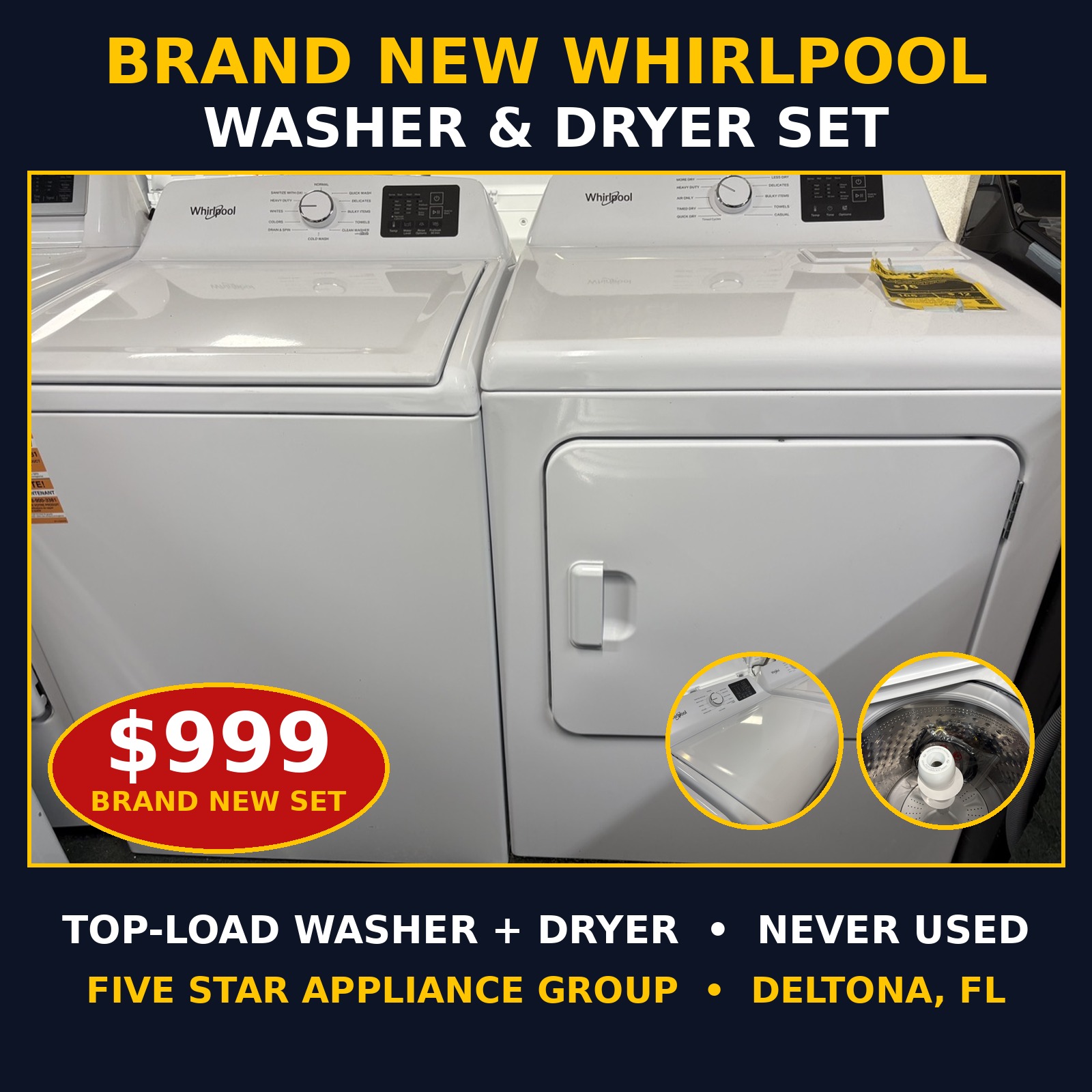 Flyer for the brand new Whirlpool washer and dryer set at $999