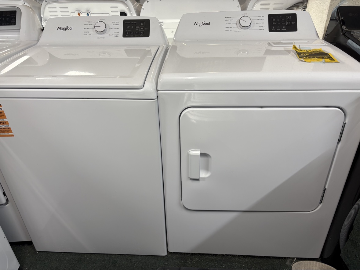 Brand new white Whirlpool top-load washer and dryer set